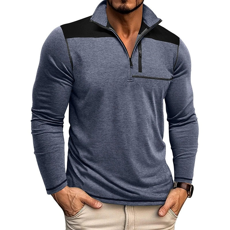 Men’s Pullover Shirt – Slim Fit – Soft Knit – Half Zip – Contrast Panel – Long Sleeve