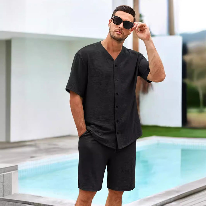 Men’s Lounge Set – Short Sleeve Button Shirt – Relaxed Fit Shorts – Breathable Cotton