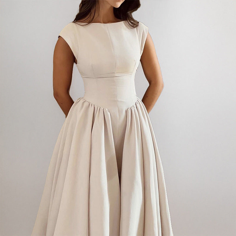 Women’s Midi Dress - Fitted Bodice - Pleated Flared Skirt - Sleeveless High Neckline