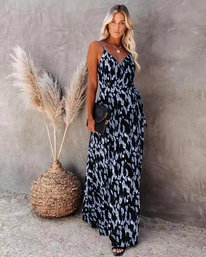 Women’s Long Dress – Slim Fit – V-Neck – Spaghetti Straps – Printed A-Line Silhouette