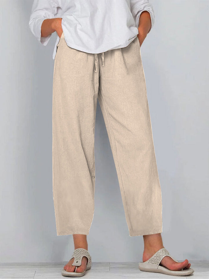 Women’s Wide-Leg Pants – Cotton Linen – Relaxed Fit – Elastic Waist with Drawstring – Full Length