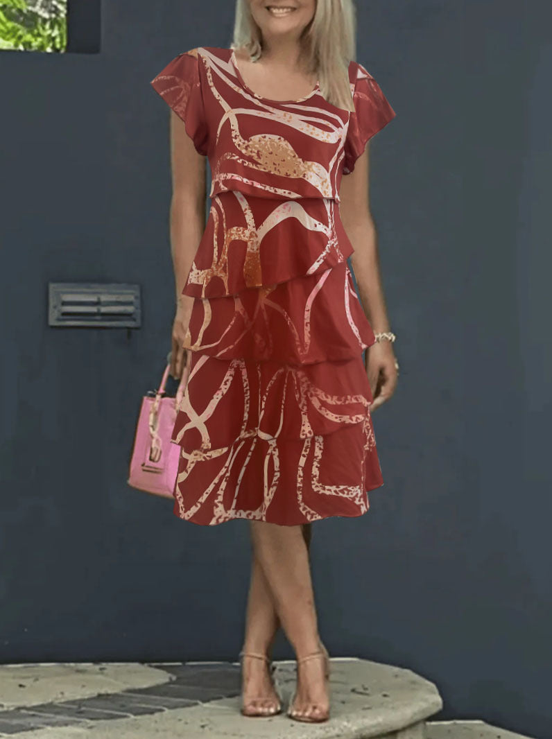 Women’s Midi Dress - Relaxed Fit - Tiered Splice - Lotus Leaf Sleeves - Printed Casual Style
