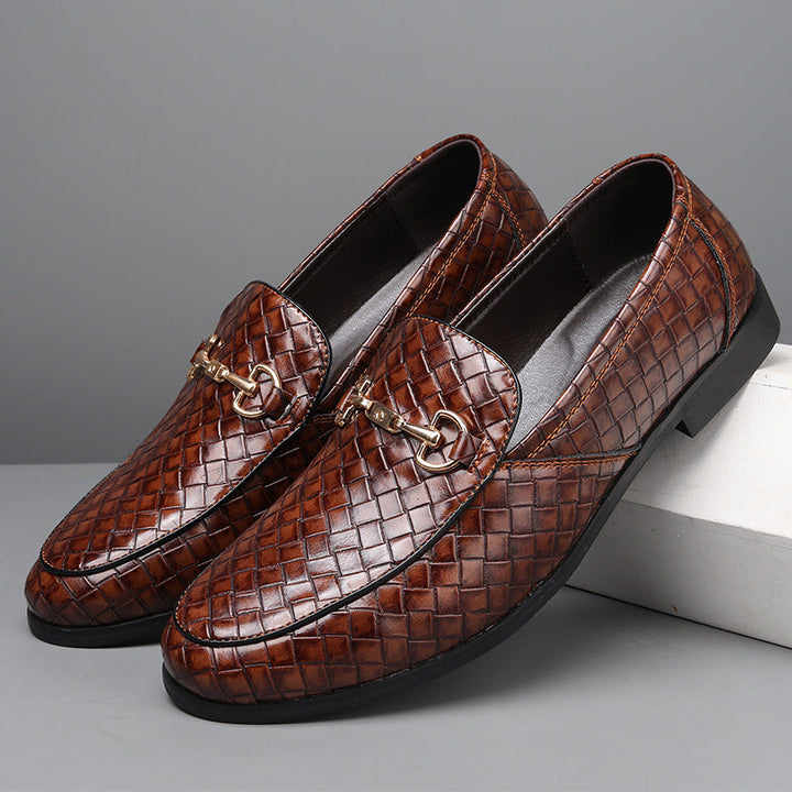 Men's Loafers - Woven Texture - Leather-Like Finish - Metal Bit - Formal Fit