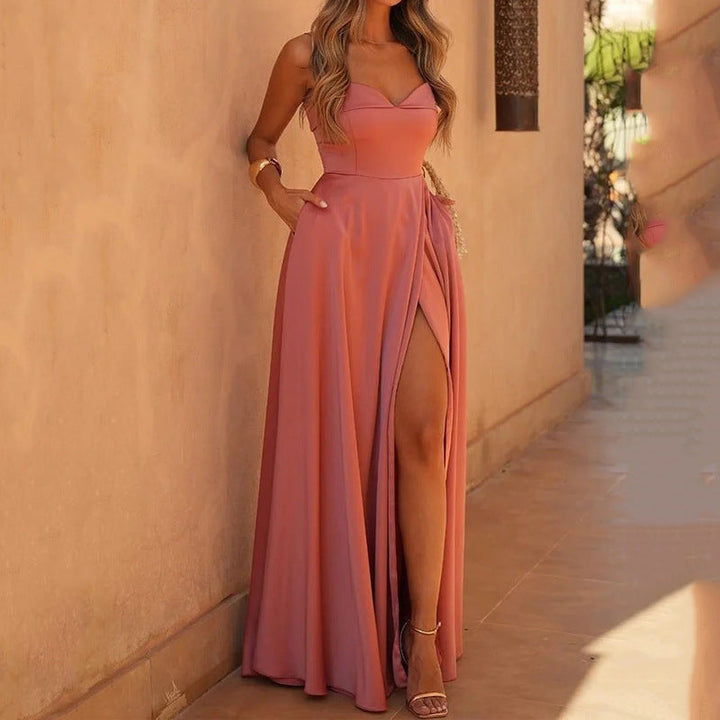 Women’s Maxi Dress – Fitted Bodice – Wide Straps – A-Line Skirt – Zipper Back