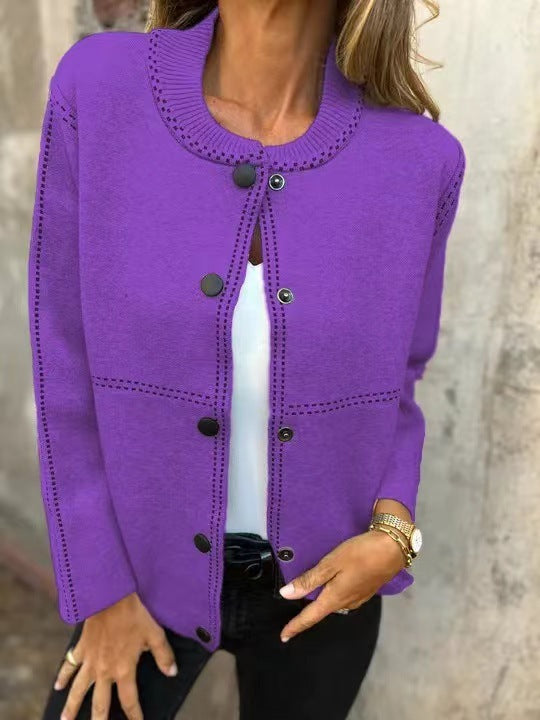 Women's Sweater Jacket - Soft Knit - Relaxed Fit - Button Front - Round Neck - Long Sleeve