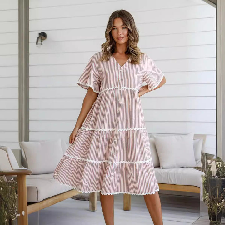 Women’s Tiered Dress – V-Neck – Short Sleeve – Button Front – Scalloped Trim – Flowy Fit