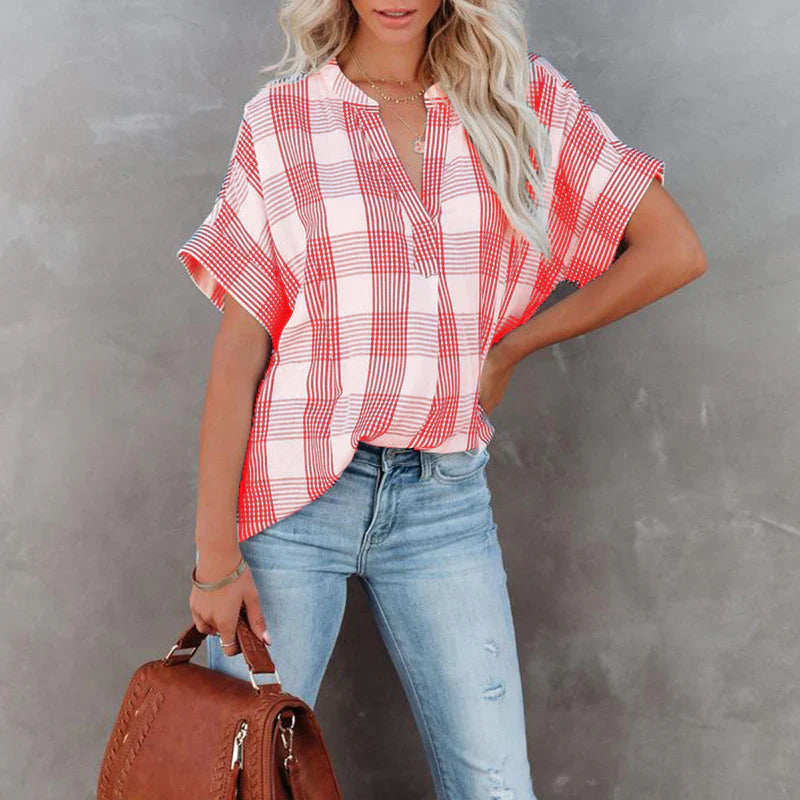 Women’s Blouse – Relaxed Fit – Cotton – Checkered Pattern – Short Sleeve – Casual Wear