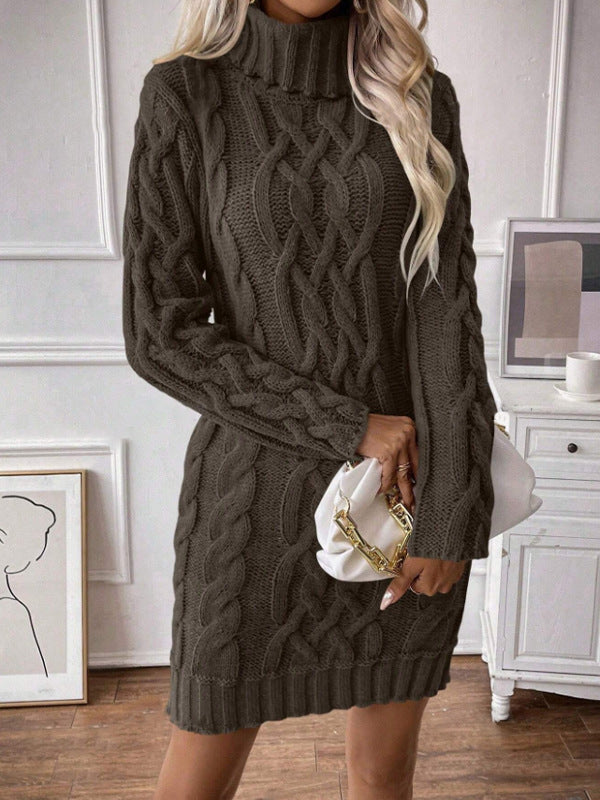 Women’s Sweater Dress – Cable Knit – Turtleneck – Slim Fit – Long Sleeve – Ribbed Hem