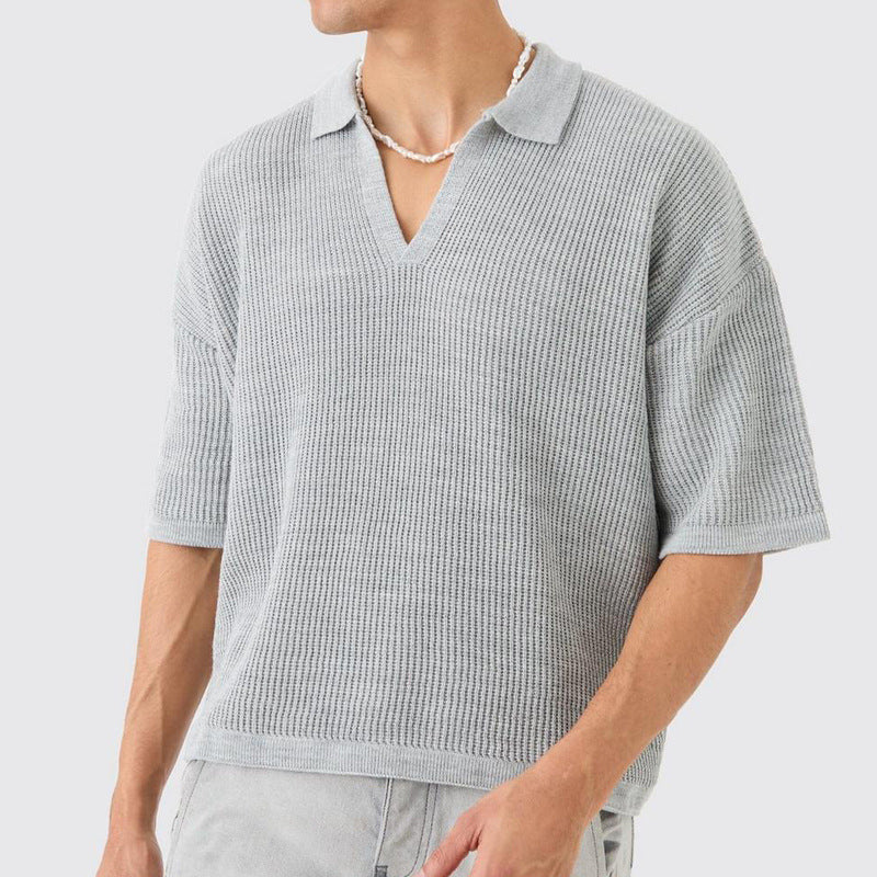 Men’s Short Sleeve Shirt – Relaxed Fit – Soft Knit – V-Neck Collar – Casual Style