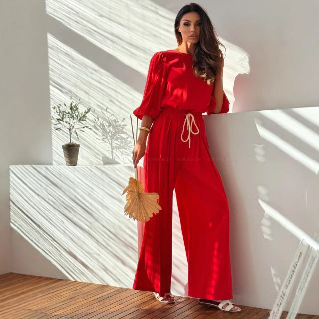 Women’s Two-Piece Set – Relaxed Fit T-Shirt with Back Bow – Wide-Leg Elastic Waist Pants