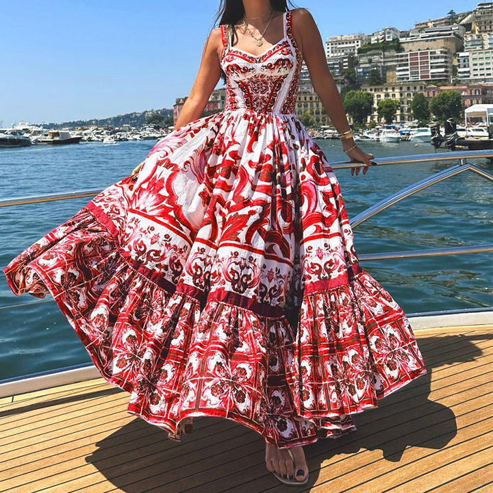 Women’s Maxi Dress – Flowing Fit – Breathable Blend – Tiered Skirt – Printed Design