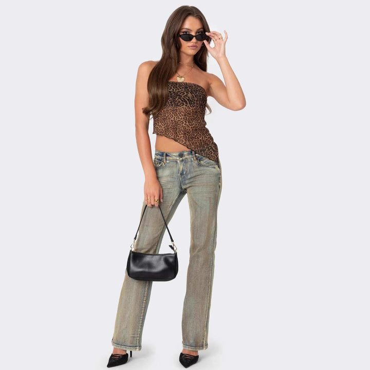 Women’s Strapless Top - Animal Print - Slim Fit - Asymmetric Hem Casual Wear