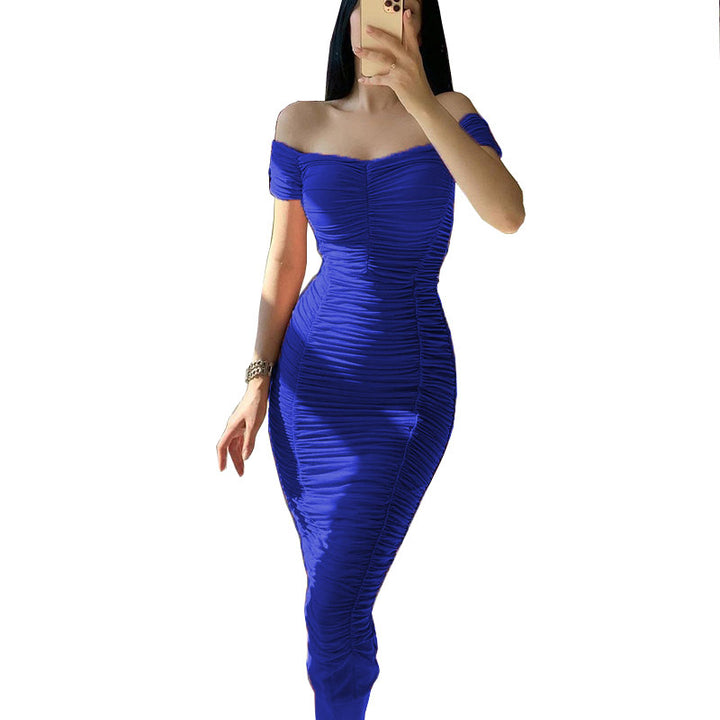 Women's Off-Shoulder Dress - Elegant Ruched Design - Figure-Hugging Silhouette