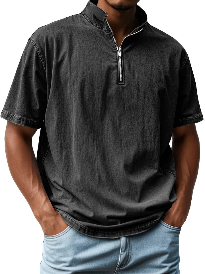 Men’s Short Sleeve Shirt - Fitted Retro Style - Zip Front - Stand Collar - Breathable Blend