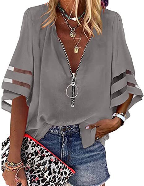 Women’s Zip-Up Blouse – Relaxed Fit – V-Neck – Elbow Sleeve – Breezy Fabric