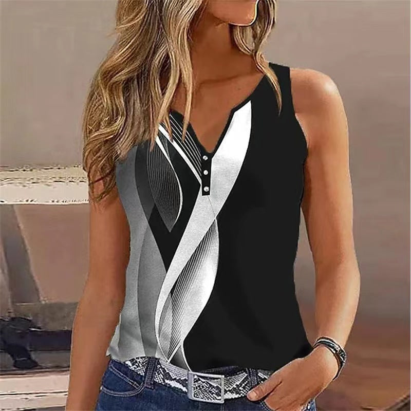 Women’s Sleeveless Top – Relaxed Fit – V-Neck – Decorative Buttons – Breathable Blend