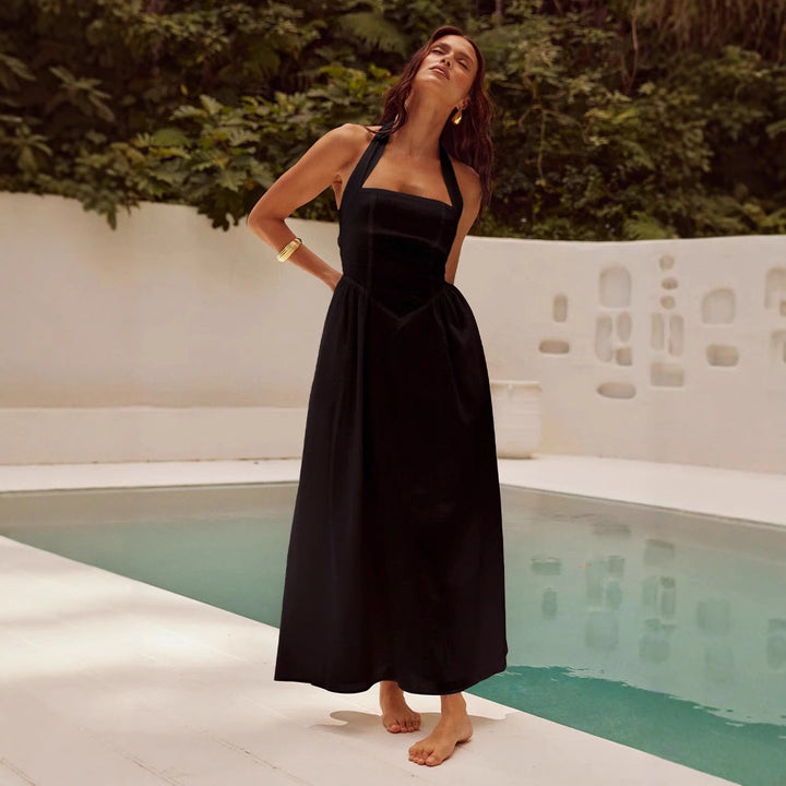 Women’s Halter Neck Dress – Fitted Bodice – Flared Maxi – Lightweight Flowing Fit
