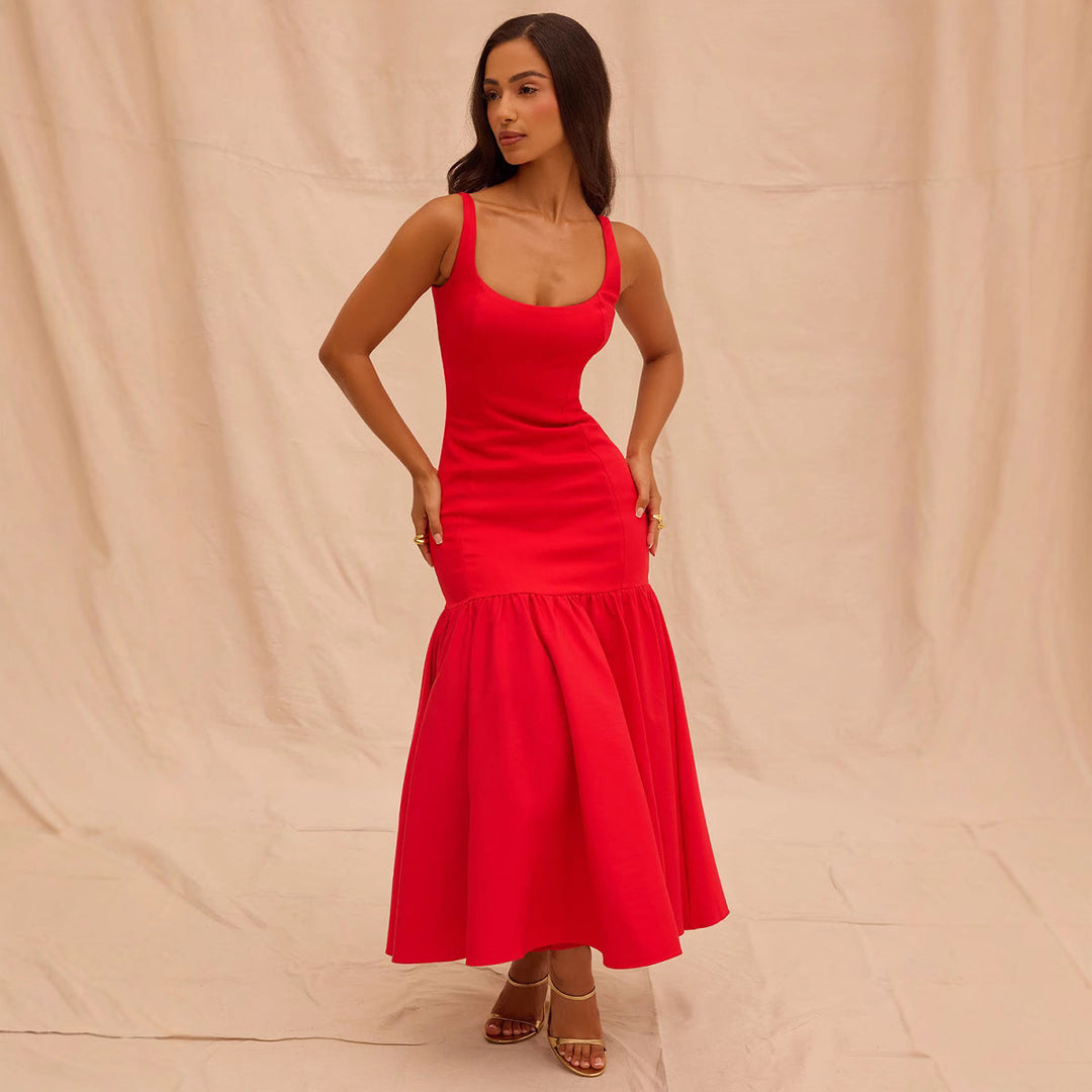 Women’s Dress – Fitted Bodice – Scoop Neck – Wide Straps – Ruffled Midi Skirt