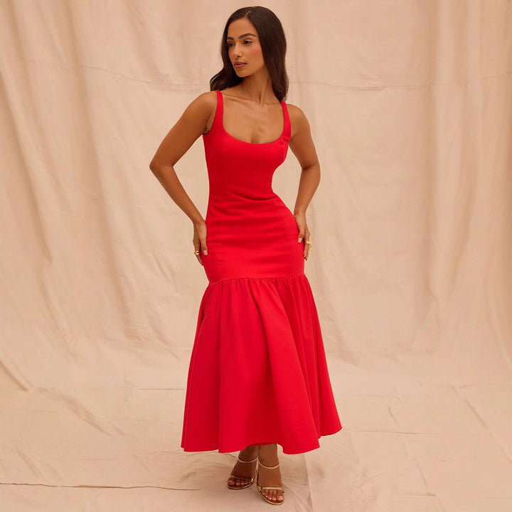 Women’s Dress – Fitted Bodice – Scoop Neck – Wide Straps – Ruffled Midi Skirt