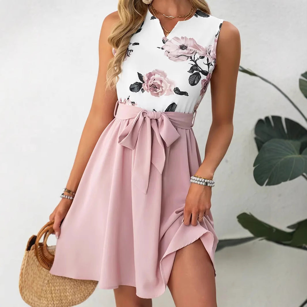 Women’s Sleeveless Dress - Fitted Bodice - Round Neck - A-Line Skirt - Belted Waist