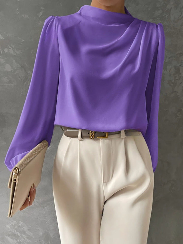 Women’s Blouse – Relaxed Fit – High Neck – Long Sleeve – Draped Details