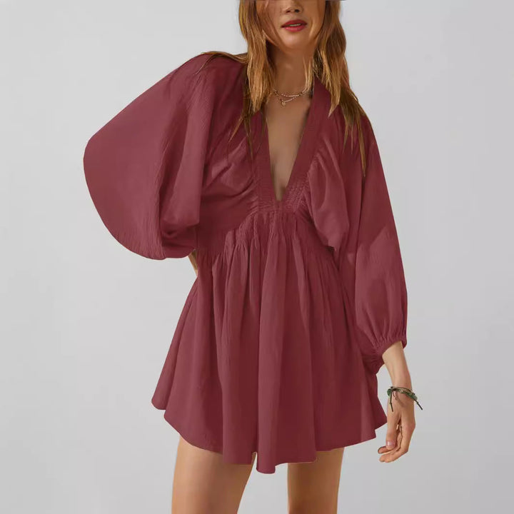 Women’s Mini Dress – Deep V-Neck – Bishop Sleeves – Ruched Waist – A-Line Fit