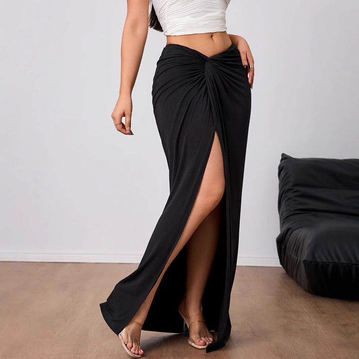 Women’s Maxi Skirt - High Waist - Twist Front Detail - High Slit - Flowy Elegant Fit