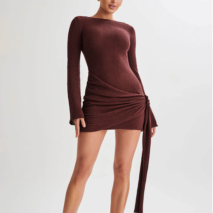 Women’s Mini Dress – Fitted Silhouette – Textured Fabric – Ruched Side Draping – Long Sleeve