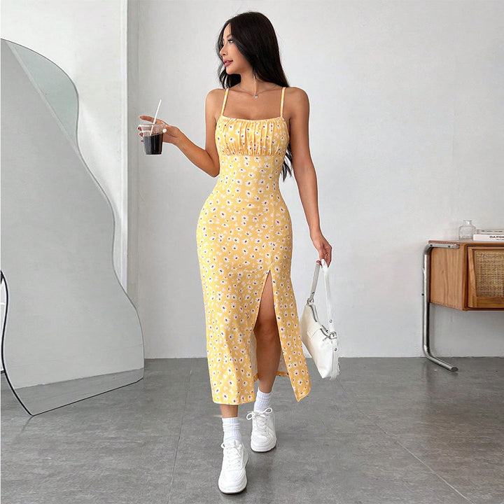 Women’s Midi Dress – Fitted Silhouette – Spaghetti Straps – Front Slit – Floral Pattern