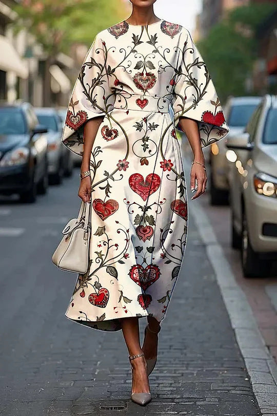 Women’s Midi Dress – Luxury Fabric – A-Line Fit – Kimono Sleeves – Floral Print