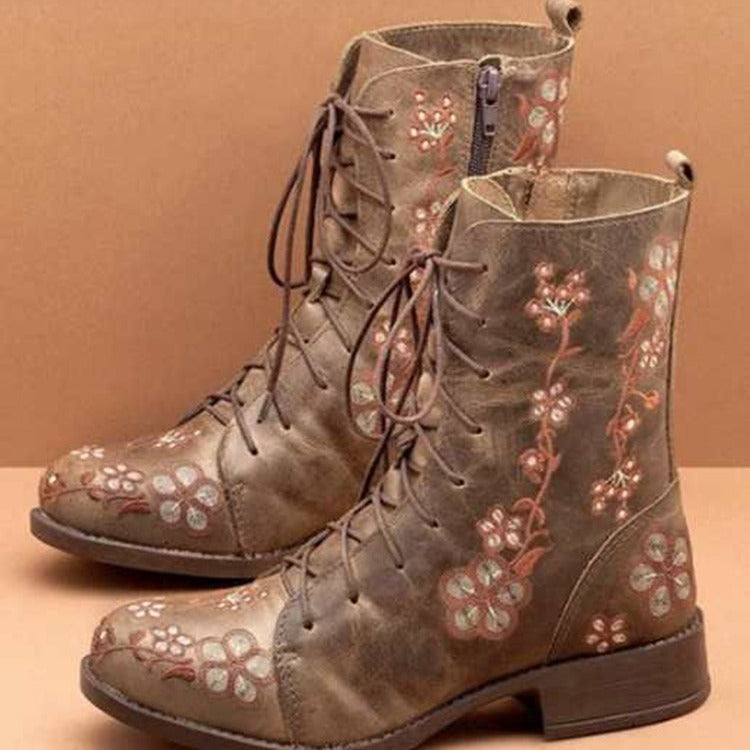 Women’s Mid-Calf Boots – Embroidered Floral – Round Toe – Block Heel – Lace-Up Zip