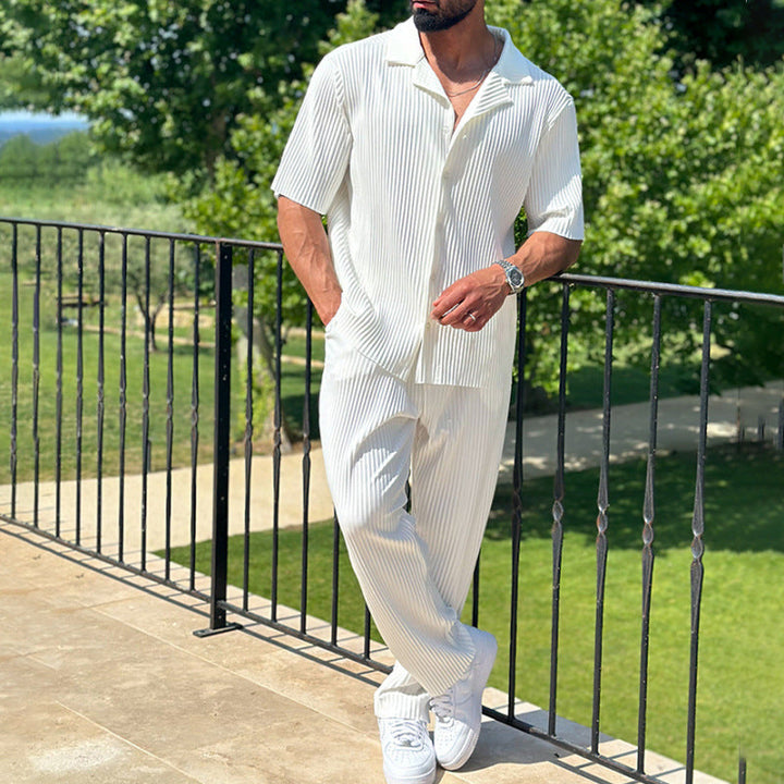 Men’s Athleisure Set – Cotton Blend – Relaxed Fit – Short Sleeve Shirt & Full-Length Pants