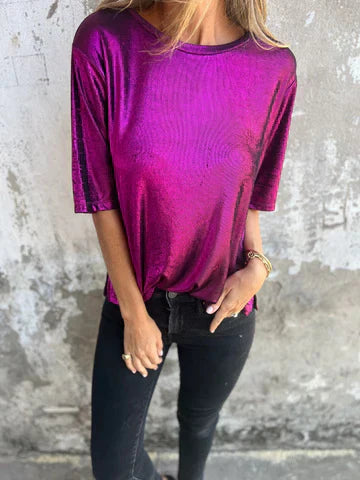 Women’s Blouse – Relaxed Fit – Shimmer Finish – Lightweight Draped Fabric – Short Sleeve