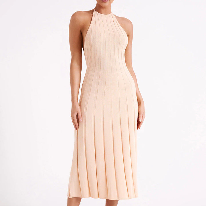 Women’s Midi Dress – Halter Neck – Ribbed Knit – Slim Fit – Flared Skirt