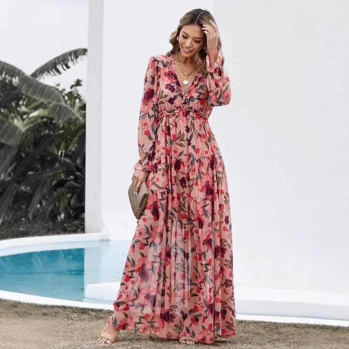 Women’s Maxi Dress – Lightweight Fabric – V-Neck Ruffle Detail – Long Sleeve – Floral Print