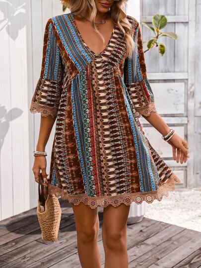 Women’s Boho Dress – Flowy Fit – V-Neck – 3/4 Sleeve – Lace Trim – Ethnic Print