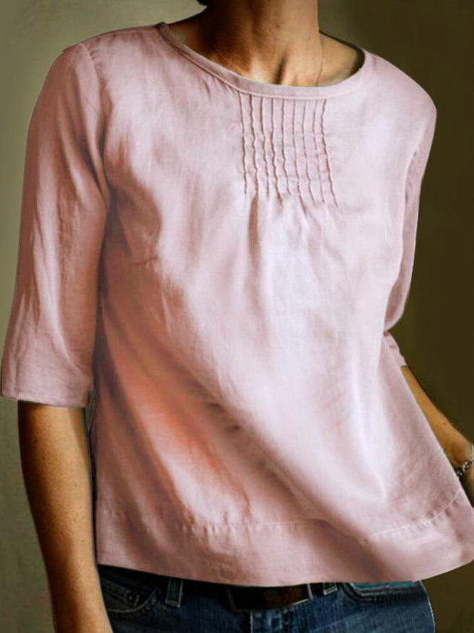 Women’s Blouse – Lightweight Cotton Blend – Relaxed Fit – Pintuck Front – 3/4 Sleeve