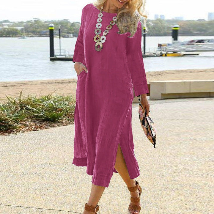 Women’s Midi Dress - Lightweight Linen Blend - Relaxed Fit - Long Sleeve with Pockets