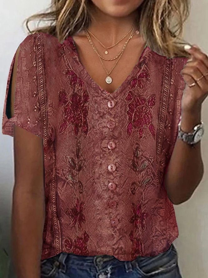 Women’s Blouse – Relaxed Fit – V-Neck Button Front – Embroidered Boho Style – Soft Fabric