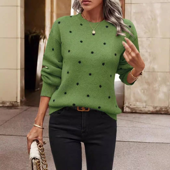 Women’s Knitted Pullover Sweater - Relaxed Fit - Polka Dot Pattern - Long Sleeve