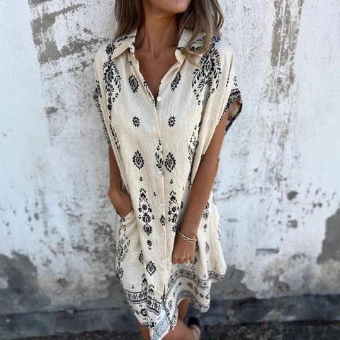 Women’s Shirt Dress – Relaxed Fit – Natural Fibers – Bohemian Print – Mini Length