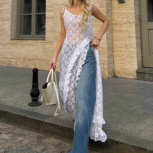 Women’s Lace Dress – A-Line Fit – V-Neck – Tie Shoulder – Ruffle Trim – Side Split