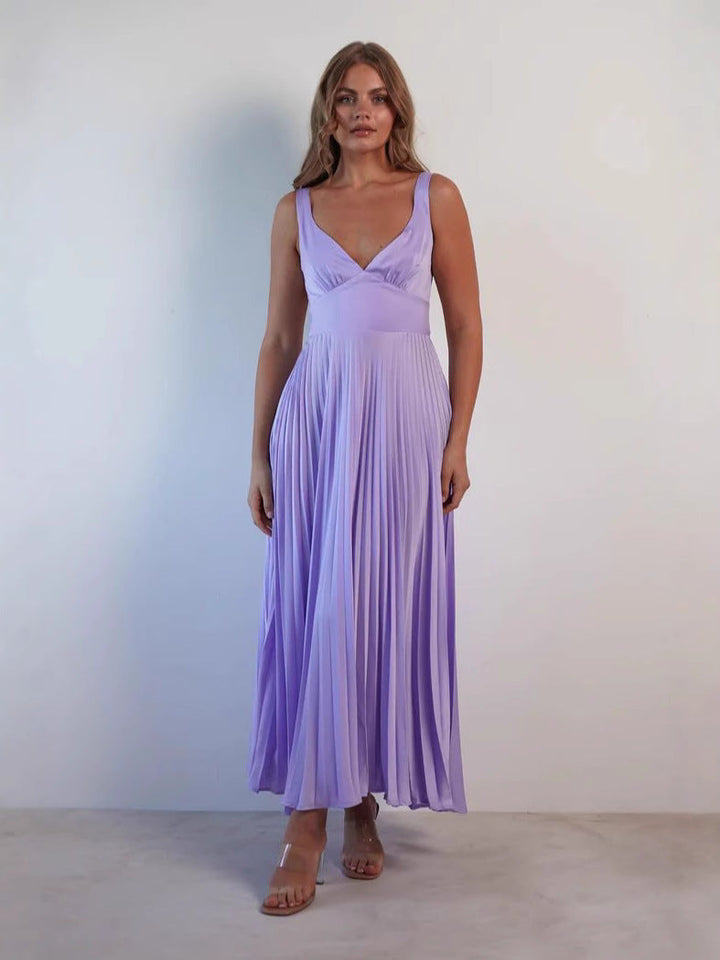 Women’s Midi Dress – V-Neck – Fitted Bodice – Pleated Skirt – Spaghetti Straps