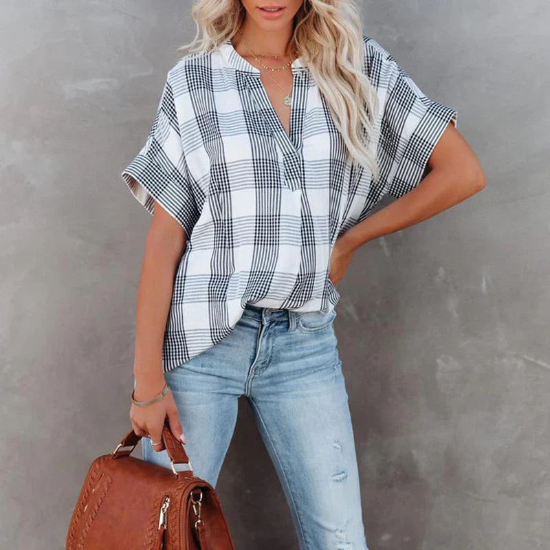 Women’s Blouse – Relaxed Fit – Cotton – Checkered Pattern – Short Sleeve – Casual Wear