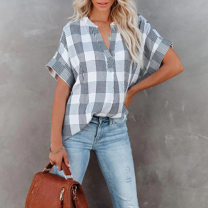 Women’s Blouse – Relaxed Fit – Cotton – Checkered Pattern – Short Sleeve – Casual Wear