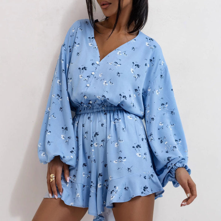Women’s V-Neck Romper – Relaxed Fit – Long Sleeve – Abstract Print – Cinched Waist