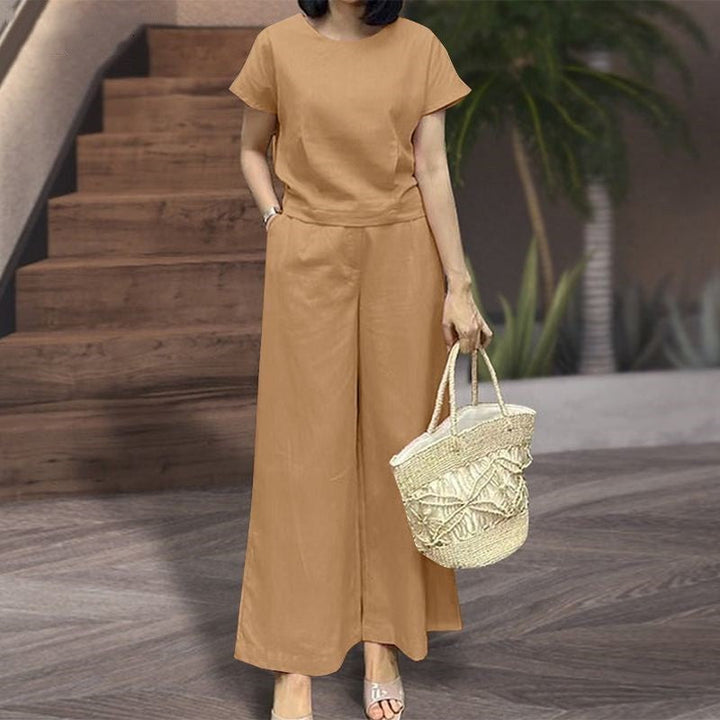 Women’s Two-Piece Set – Relaxed Fit – Soft Knit – Crew Neck Top – Wide-Leg Pants