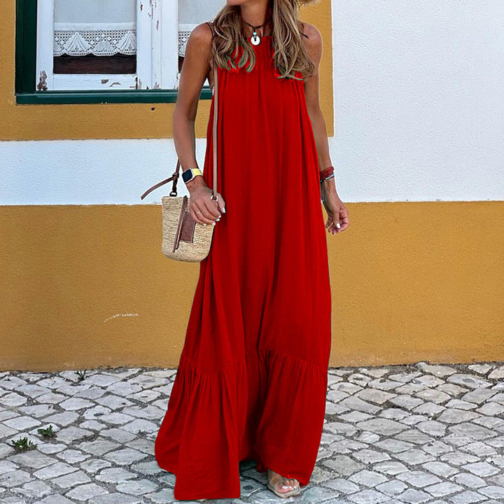 Women’s Long Beach Dress – Flowing Fit – Sleeveless Halter – Natural Fibers – Ruffled Hem