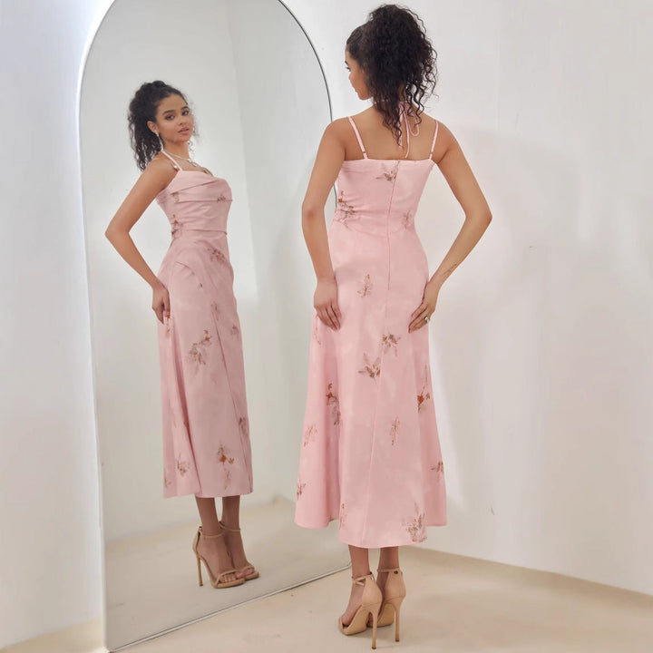 Women’s A-Line Dress – Embroidered Floral – Spaghetti Strap – Draped Neck – Midi Length
