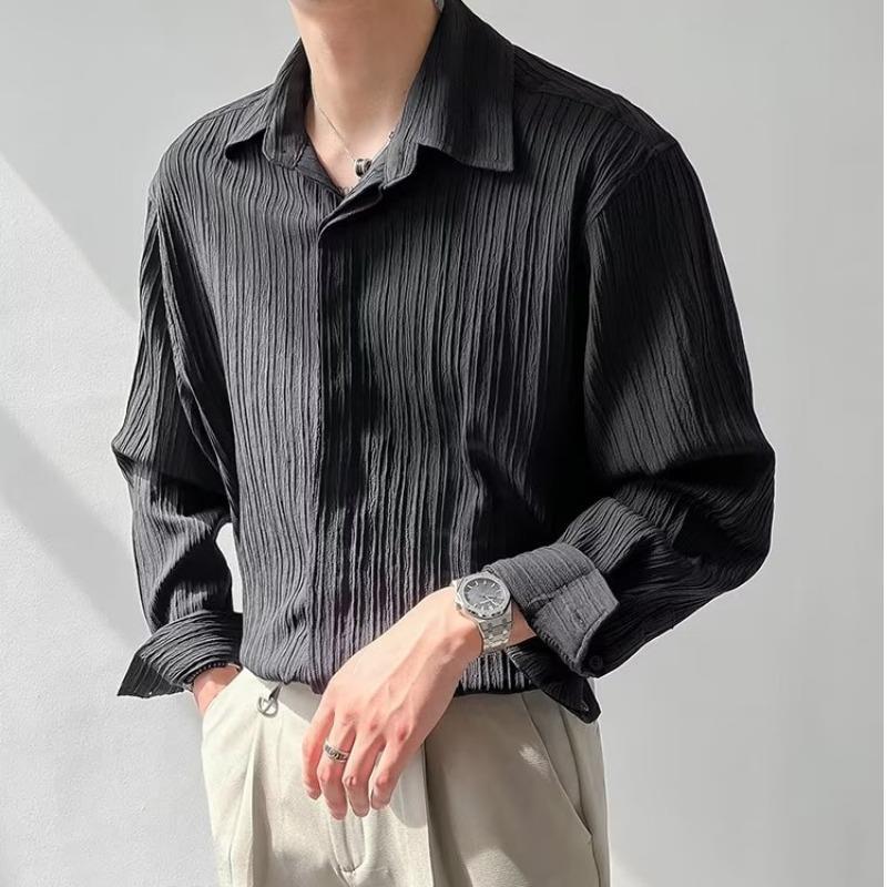 Men’s Long Sleeve Shirt - Relaxed Fit - Textured Crinkle Fabric - Button Down Casual